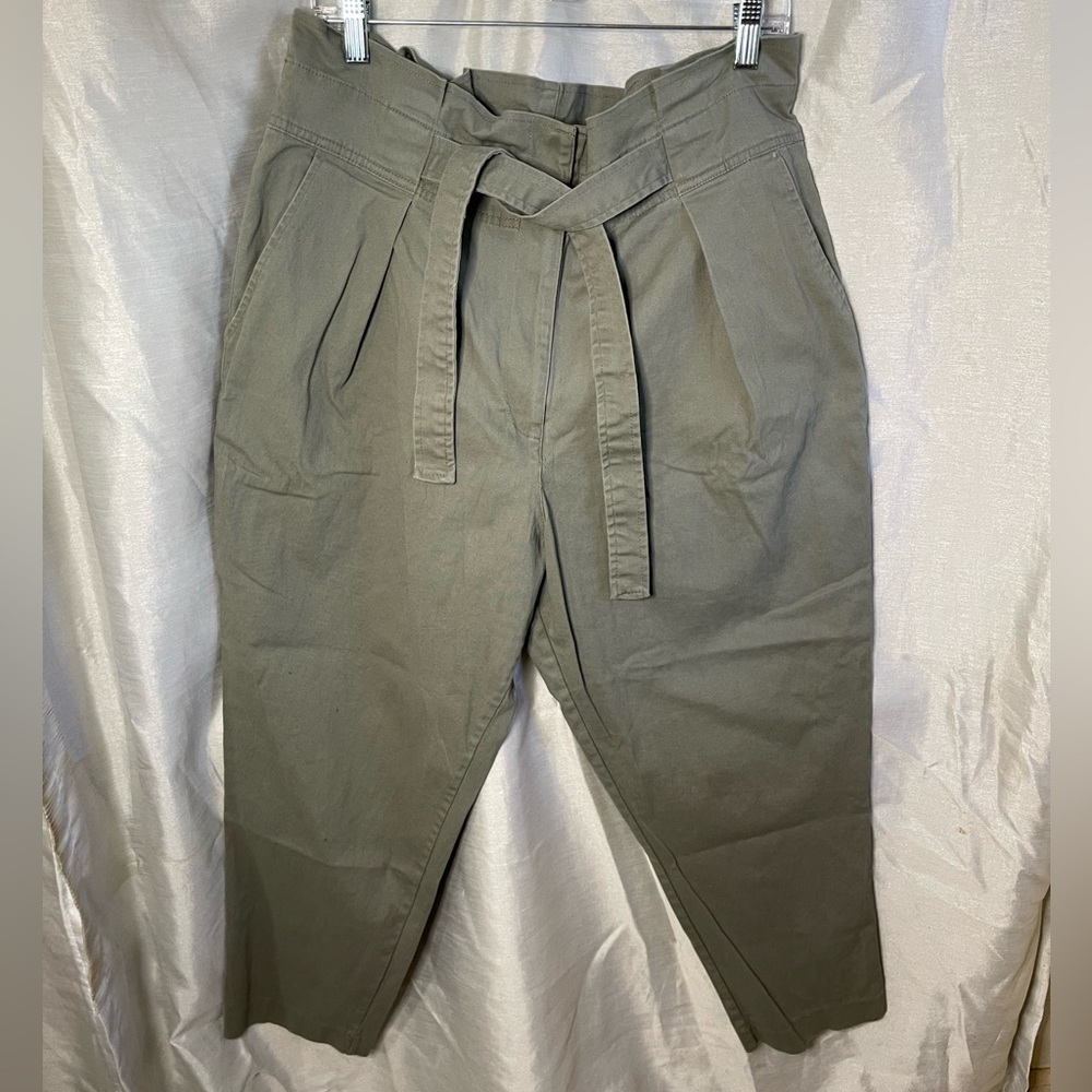 DKNY Designer Green Khaki Straight Leg High Waisted Belted Chino Cargo Pants
